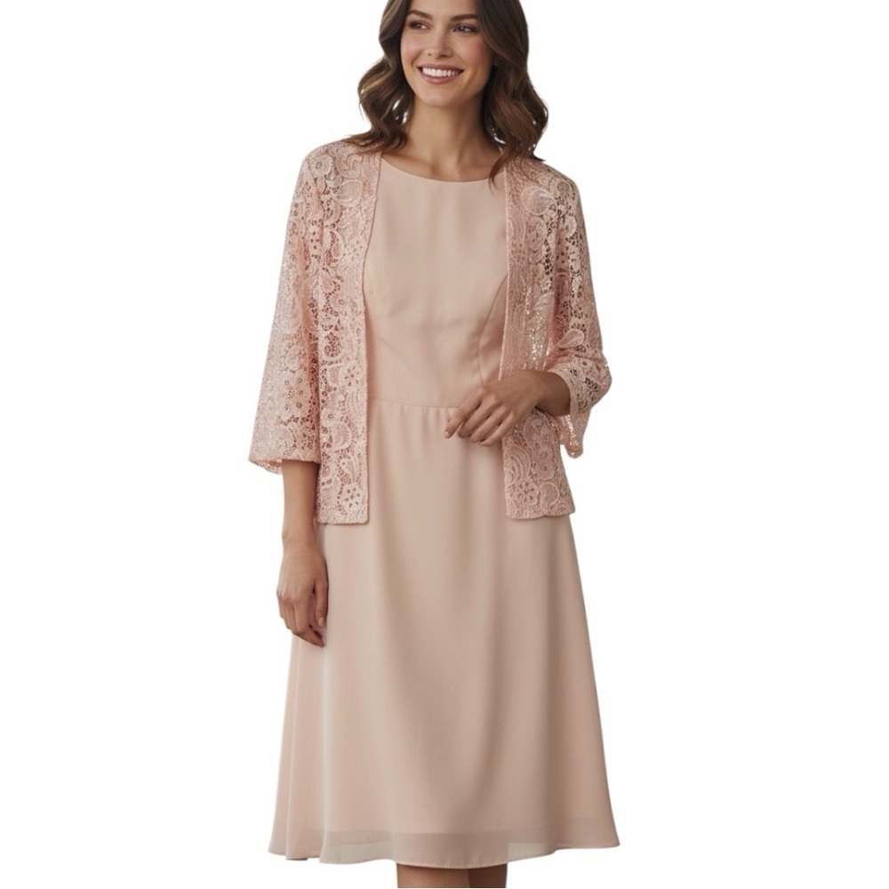 Women’s Pink A-Line Dress with Lace Shrug Sz 12 NWT